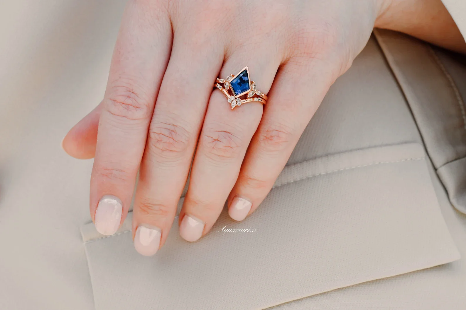 Kite Blue Sapphire Bezel Engagement Ring Set in 14K Solid Rose Gold - Image 6