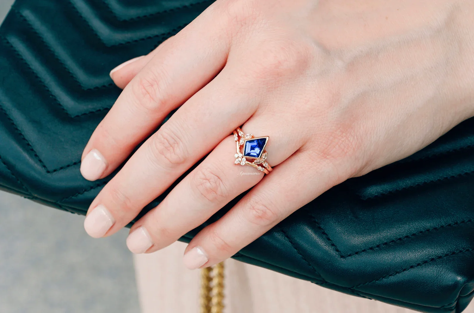 Kite Blue Sapphire Bezel Engagement Ring Set in 14K Solid Rose Gold - Image 7