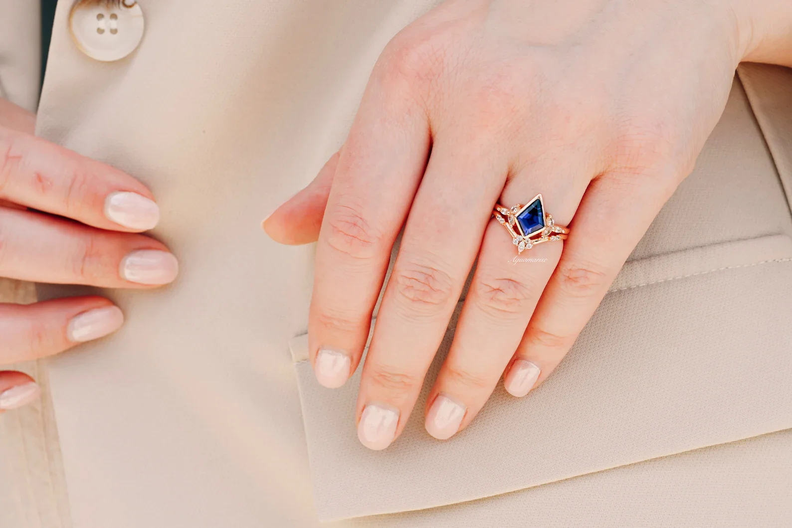 Kite Blue Sapphire Bezel Engagement Ring Set in 14K Solid Rose Gold - Image 8