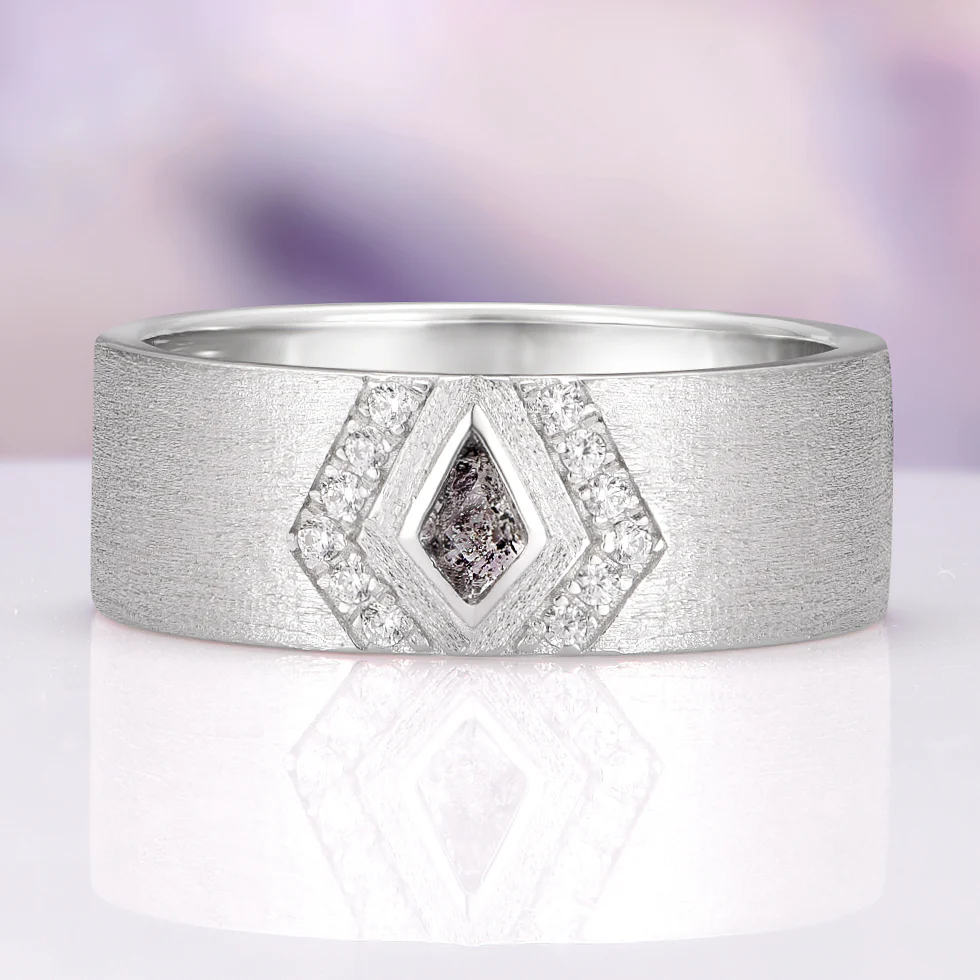 Natural Herkimer Diamond & Lab Diamond Wedding Band in 14K White Gold (8mm)