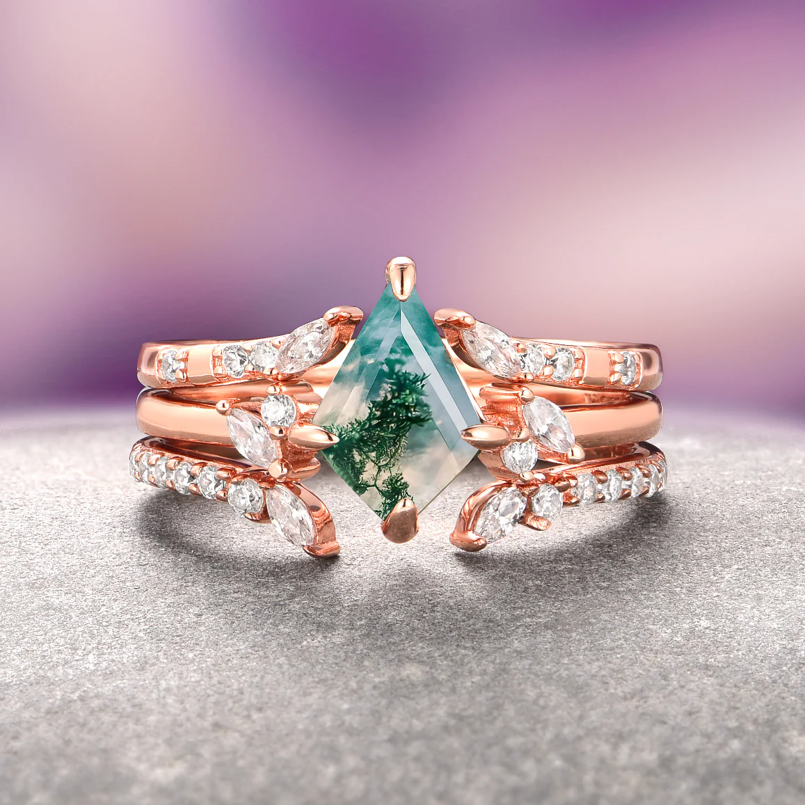 Kite Green Moss Agate 3-Piece Bridal Ring Set- 14K Solid Rose Gold