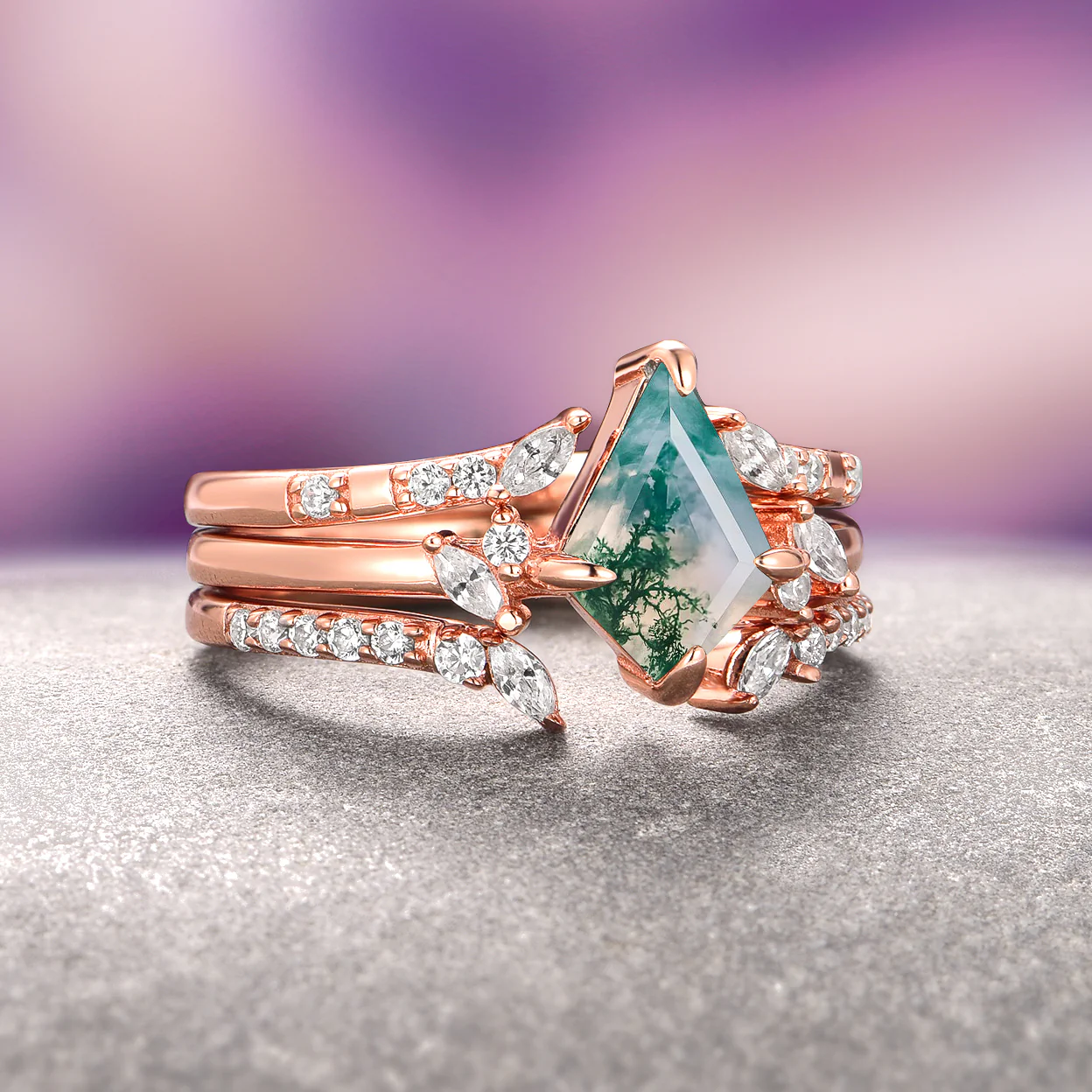 Kite Green Moss Agate 3-Piece Bridal Ring Set- 14K Solid Rose Gold - Image 3