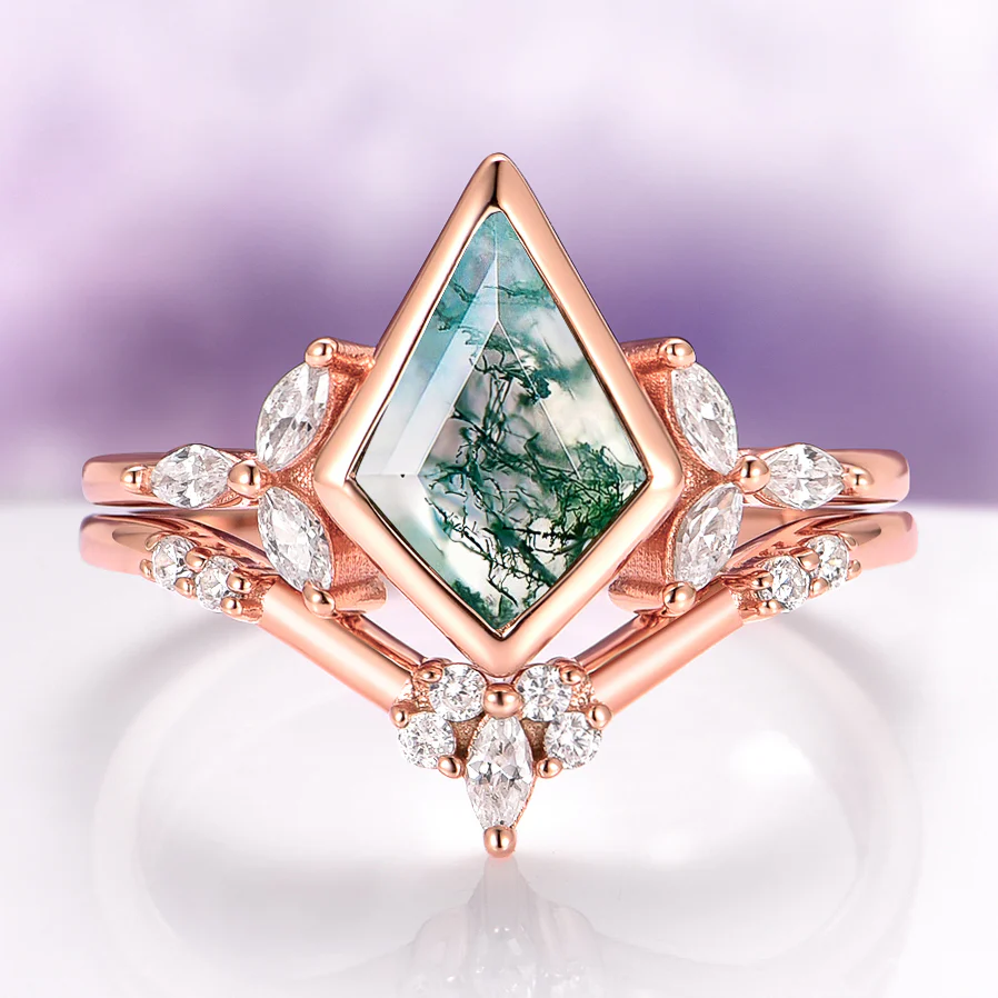 Kite Green Moss Agate Bezel Engagement Ring Set in 14K Solid Rose Gold