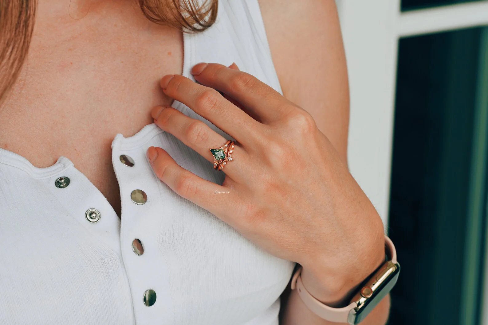 Kite Green Moss Agate Leaf Engagement Ring Set in 14K Solid Rose Gold - Image 3