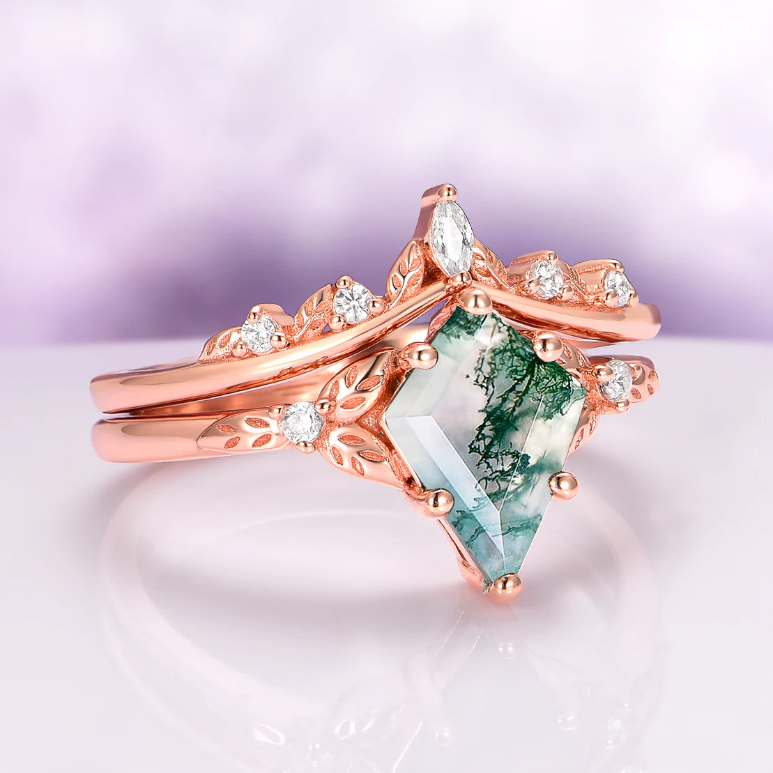 Kite Green Moss Agate Leaf Engagement Ring Set in 14K Solid Rose Gold - Image 4