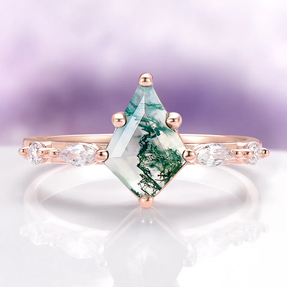Kite Cut Green Moss Agate Engagement Ring in Solid 14K Rose Gold
