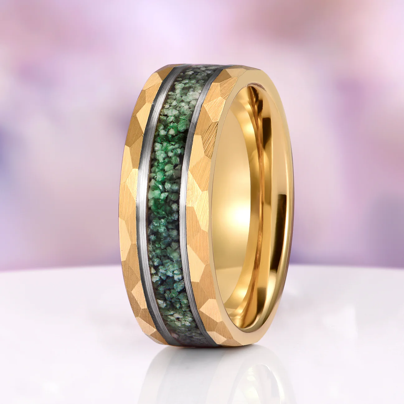 Crushed Green Moss Agate Hammered Wedding Band in Gold Tungsten Carbide (8mm)