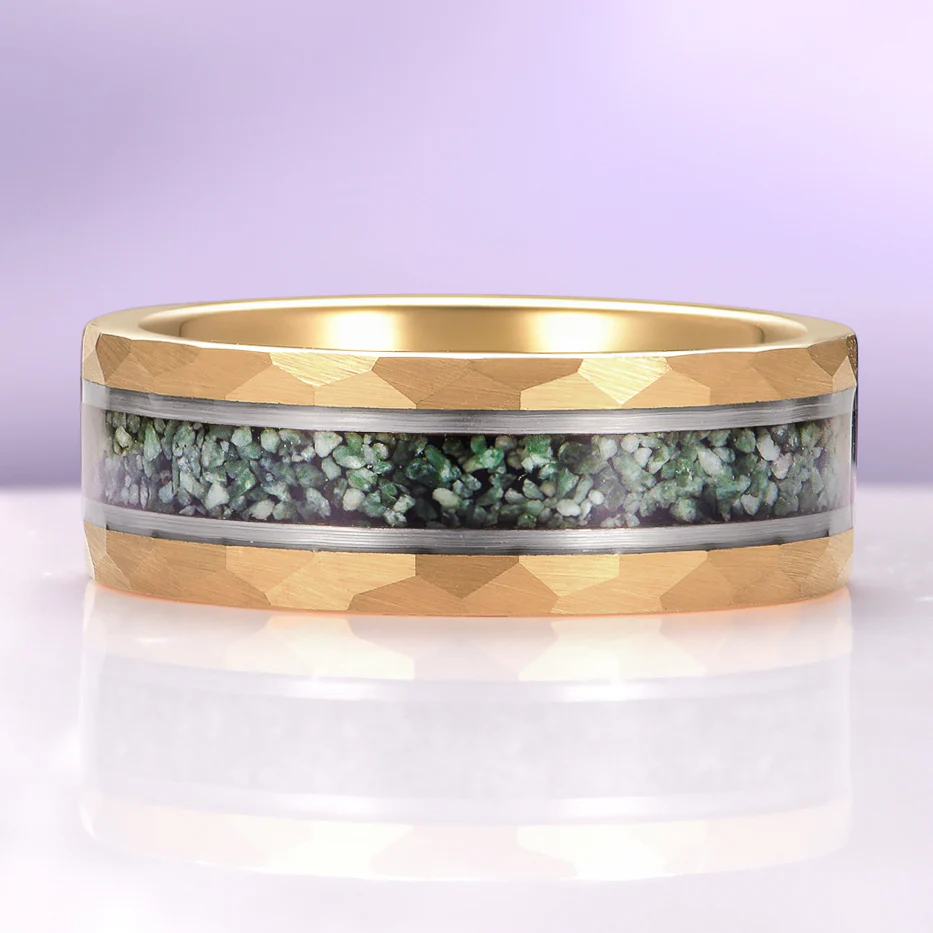 Crushed Green Moss Agate Hammered Wedding Band in Gold Tungsten Carbide (8mm) - Image 4