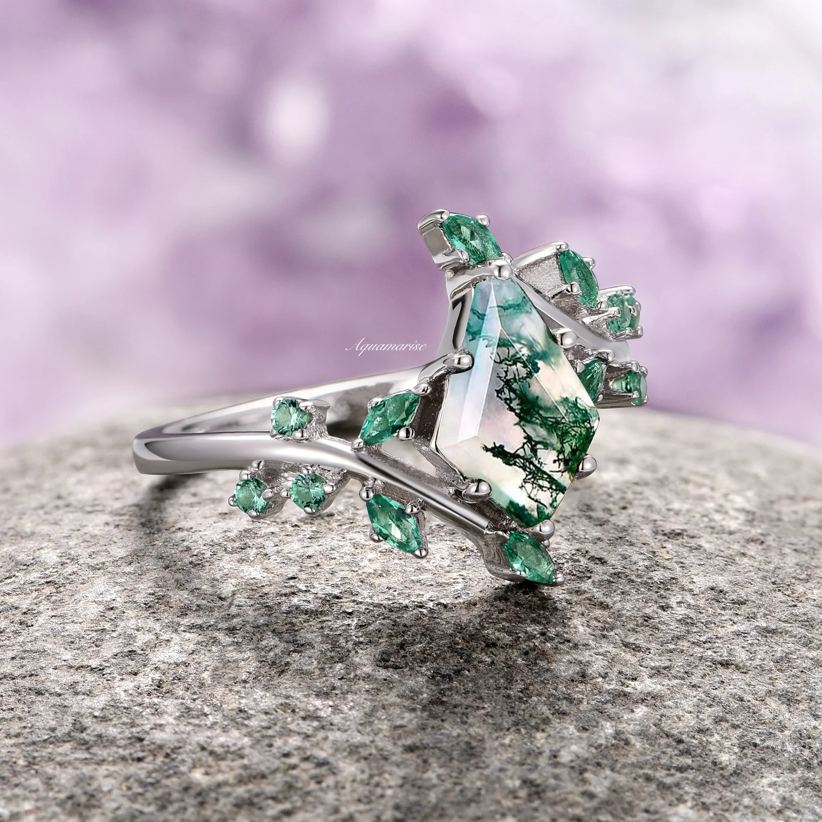 Kite Moss Agate & Emerald Leaf Couples Ring Set - Image 5
