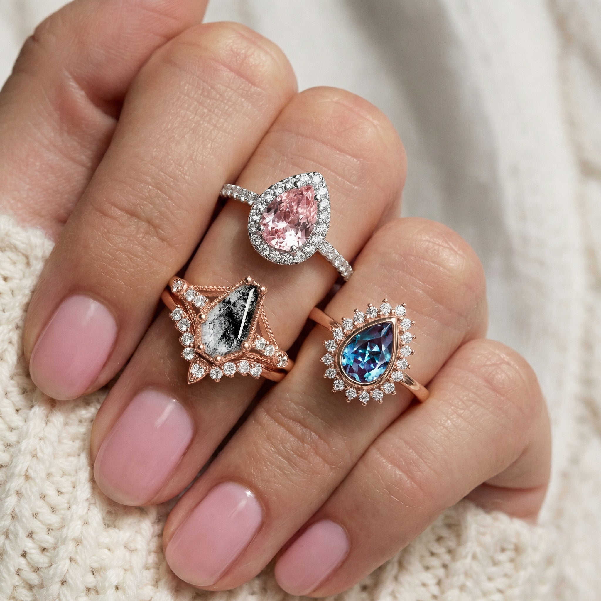 Lilith Coffin Cut Natural Herkimer Diamond Ring Set in Solid 14K Rose Gold - Image 3