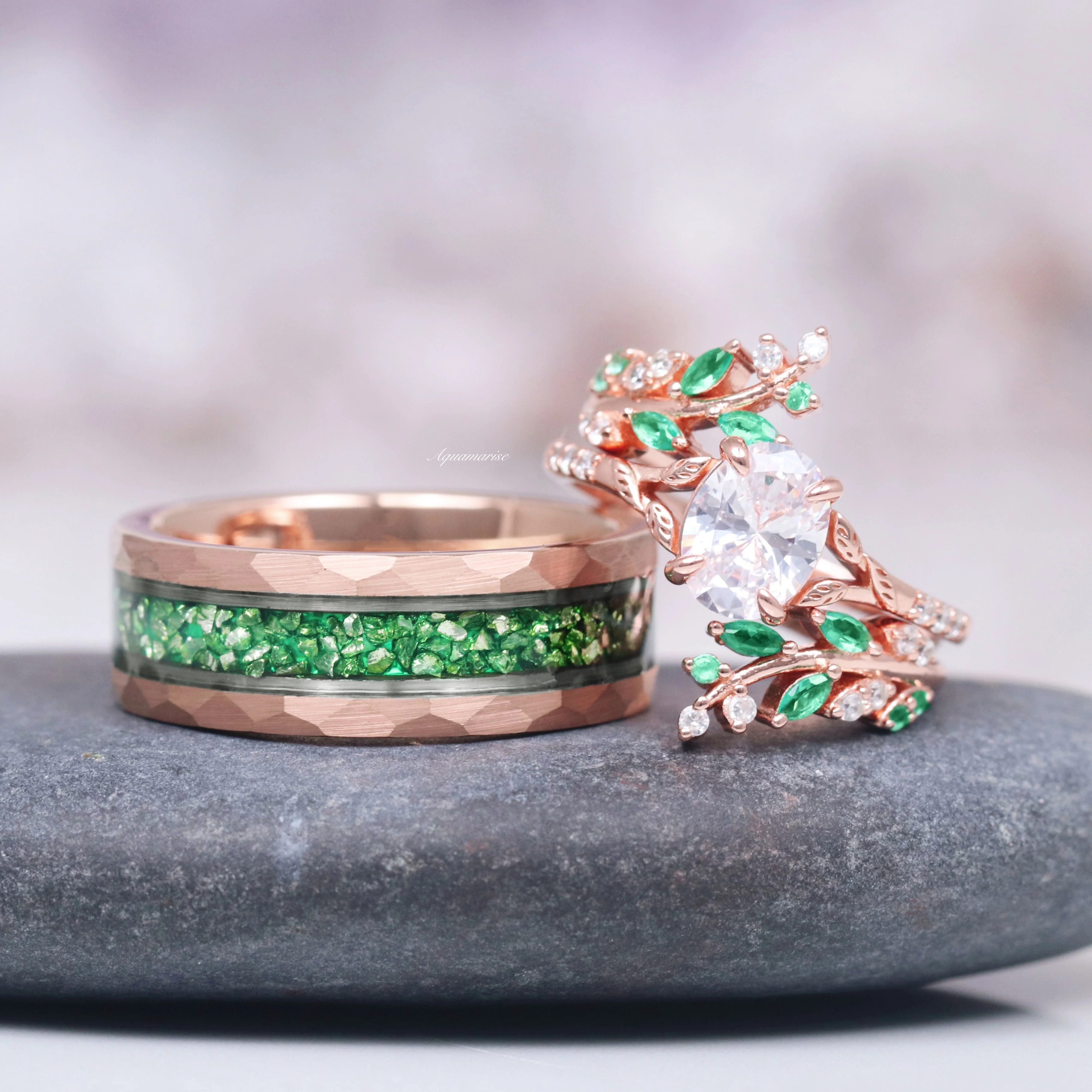 Lab-Grown Diamond & Emerald Leaf Engagement Ring Set in 14K Solid Rose Gold (IGI Certified) - Image 7