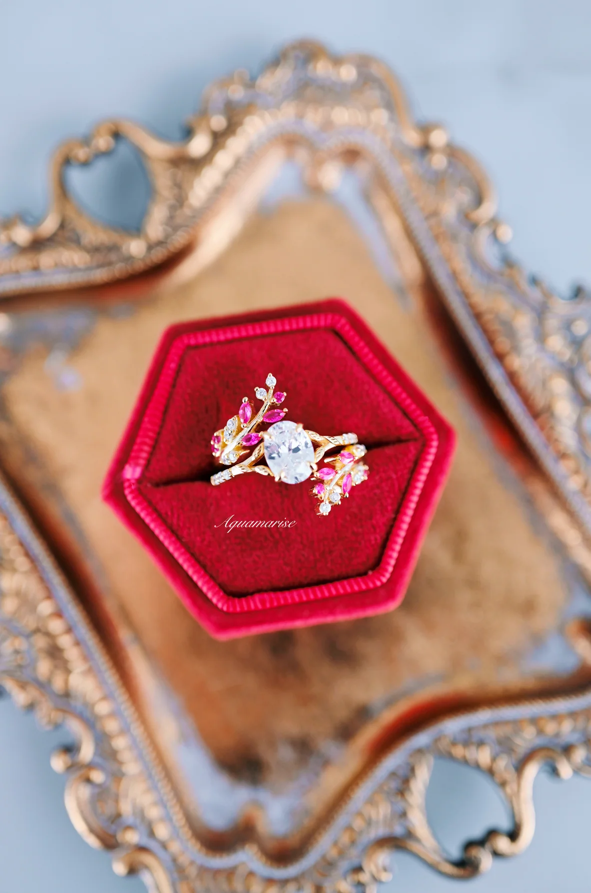 Lab-Grown Diamond & Ruby Leaf Ring Set in 14K Solid Yellow Gold (IGI Certified) - Image 5