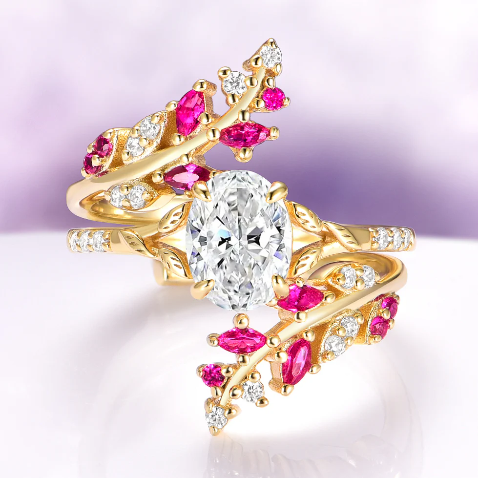 Lab-Grown Diamond & Ruby Leaf Ring Set in 14K Solid Yellow Gold (IGI Certified)