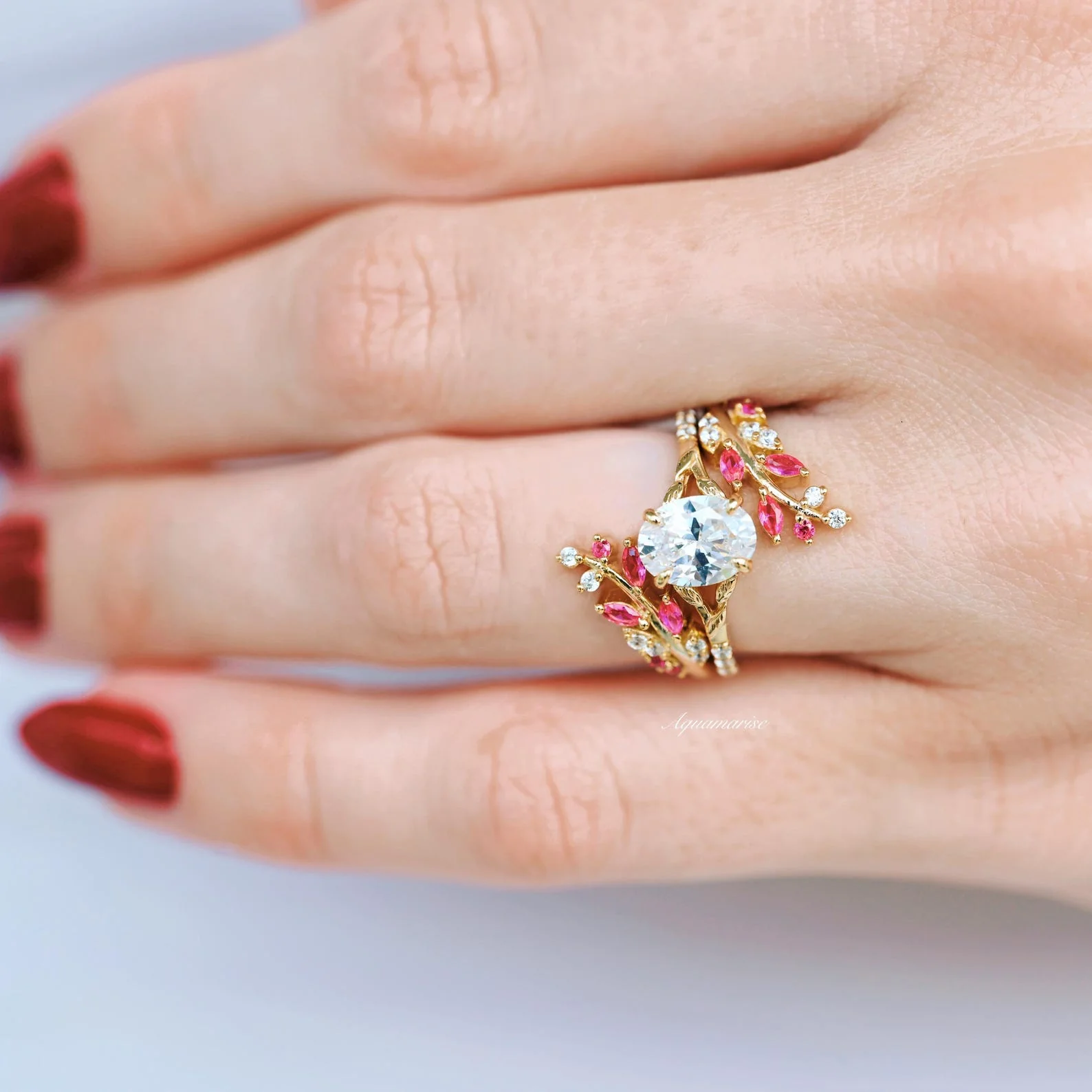 Lab-Grown Diamond & Ruby Leaf Ring Set in 14K Solid Yellow Gold (IGI Certified) - Image 2