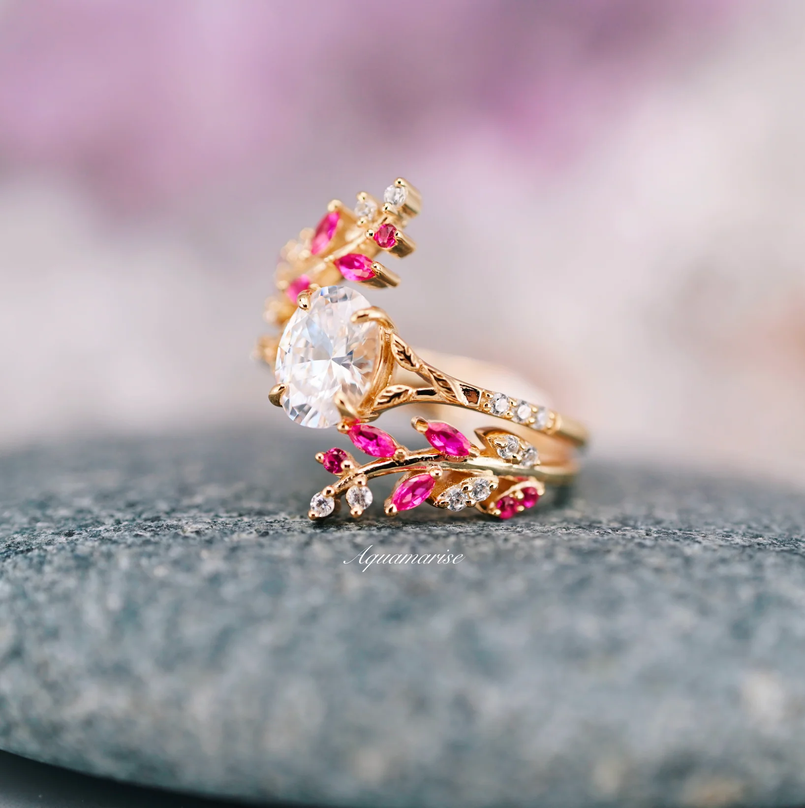 Lab-Grown Diamond & Ruby Leaf Ring Set in 14K Solid Yellow Gold (IGI Certified) - Image 4