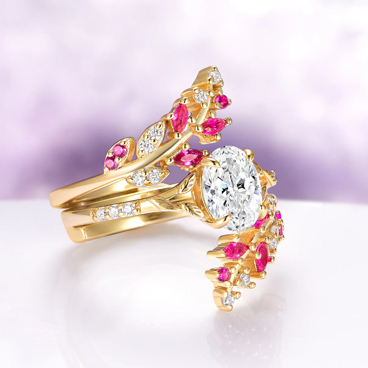 Lab-Grown Diamond & Ruby Leaf Ring Set in 14K Solid Yellow Gold (IGI Certified) - Image 7