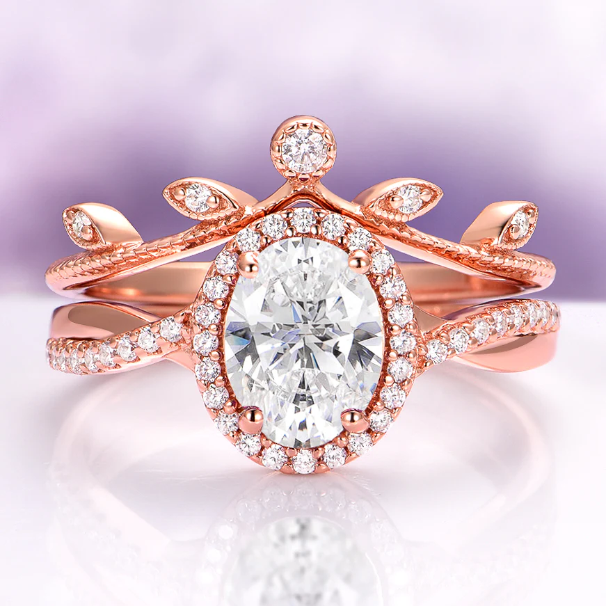 Moissanite Leaf Engagement Ring Set in 14K Solid Rose Gold