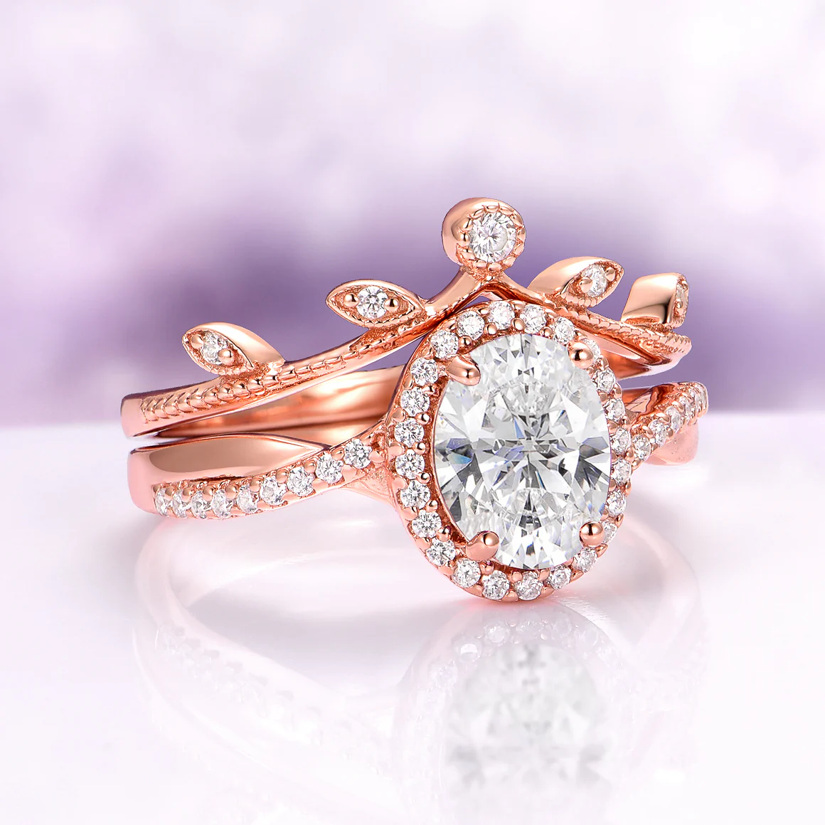 Moissanite Leaf Engagement Ring Set in 14K Solid Rose Gold - Image 4