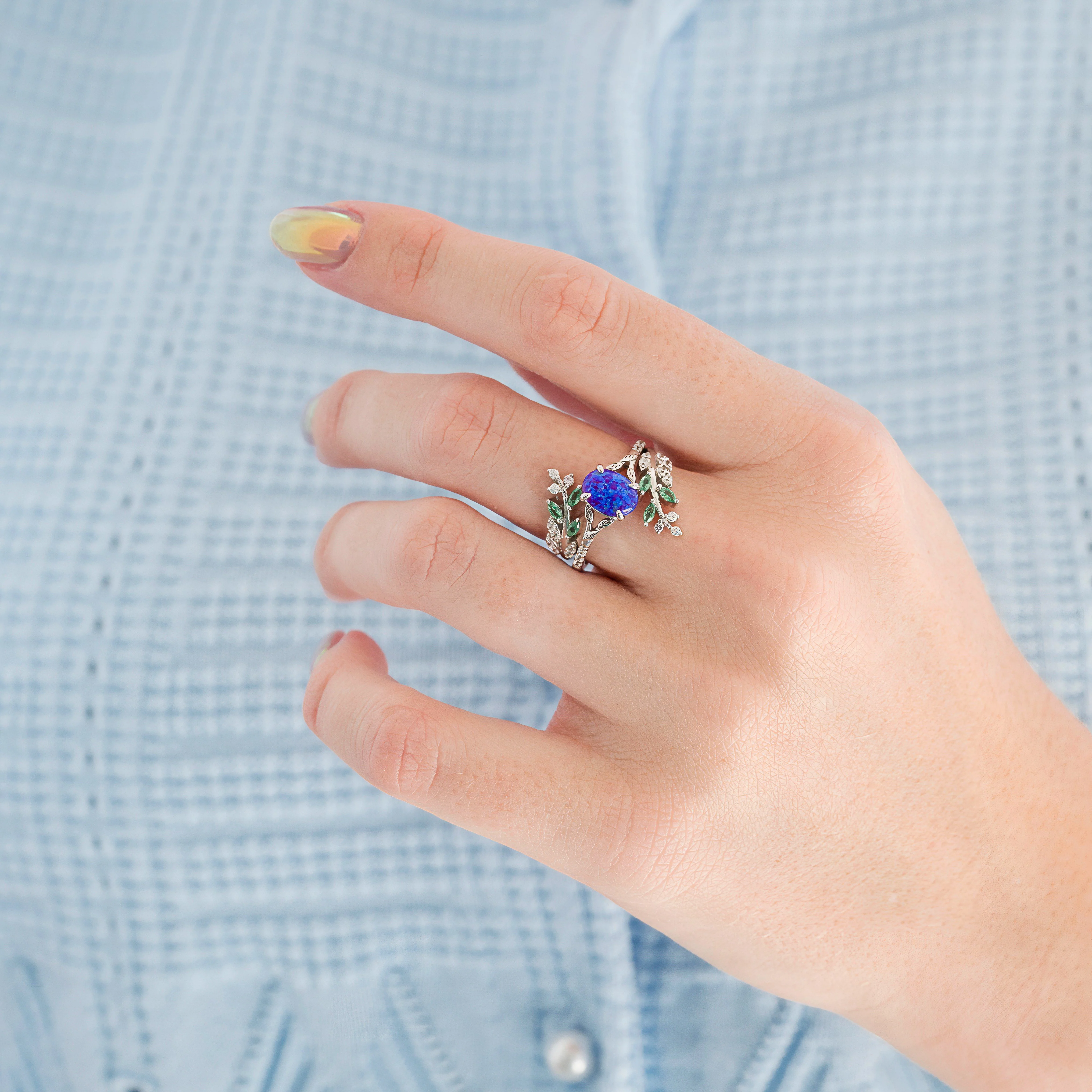 Lavender Fire Opal & Emerald Leaf Couples Ring Set - Image 5