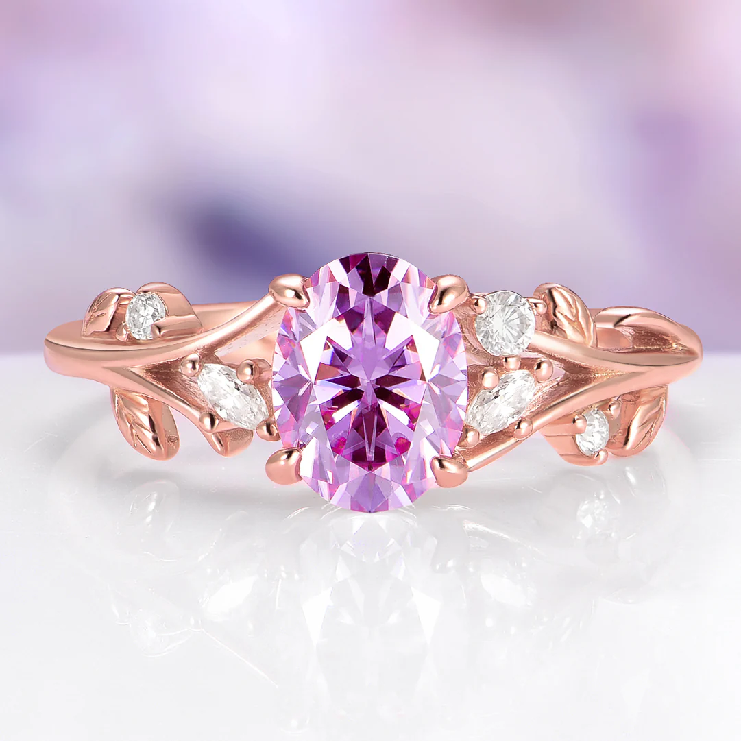 Lavender Moissanite Leaf Engagement in Solid 14K Rose Gold