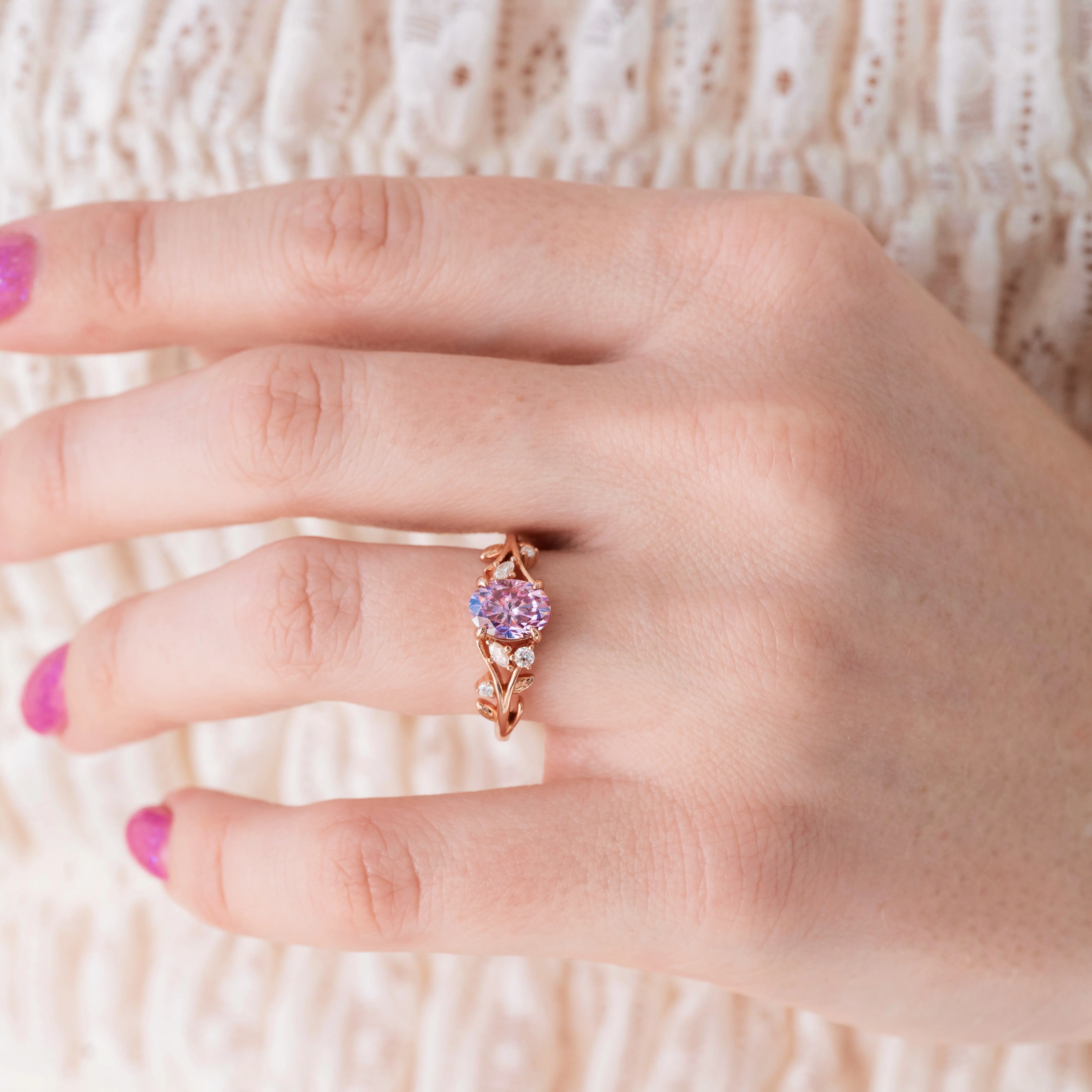Lavender Moissanite Leaf Engagement in Solid 14K Rose Gold - Image 2