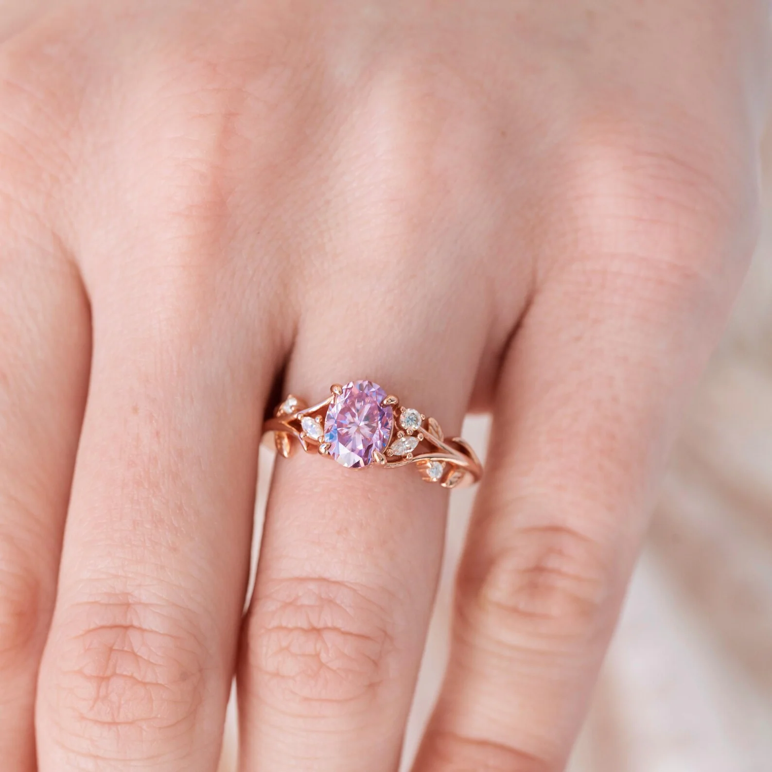 Lavender Moissanite Leaf Engagement in Solid 14K Rose Gold - Image 3