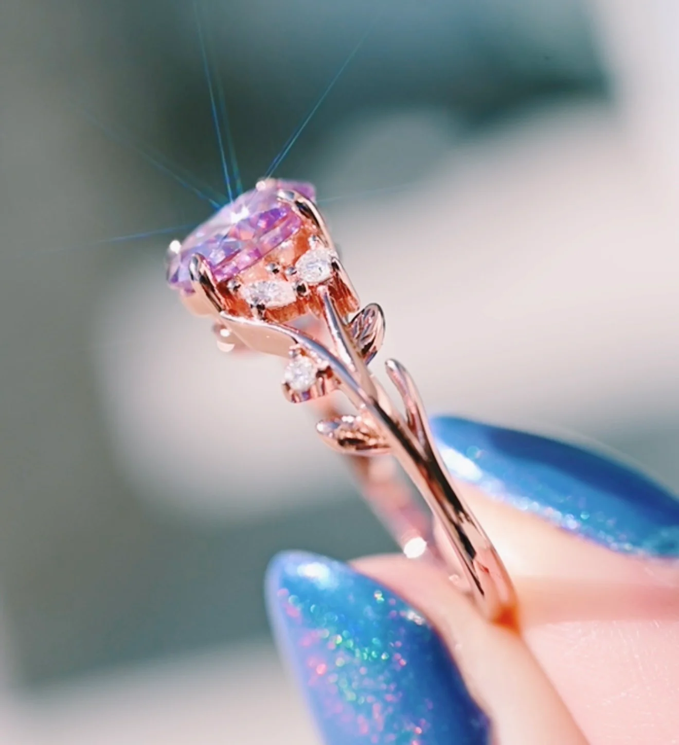 Lavender Moissanite Leaf Engagement in Solid 14K Rose Gold - Image 4