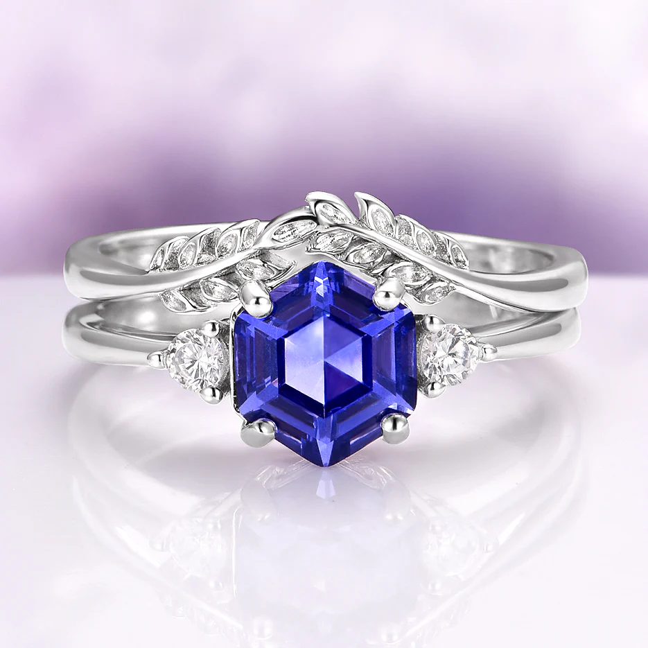 Hexagon Tanzanite Leaf Ring Set in Sterling Silver