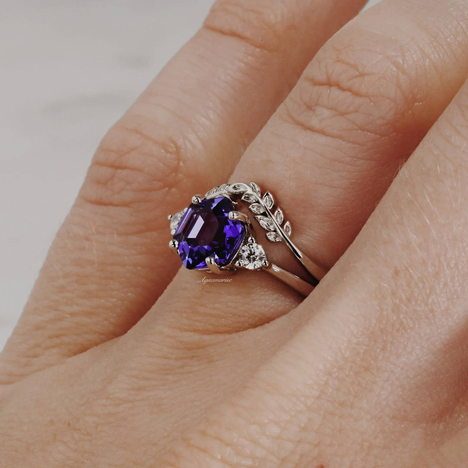 Hexagon Tanzanite Leaf Ring Set in Sterling Silver - Image 6