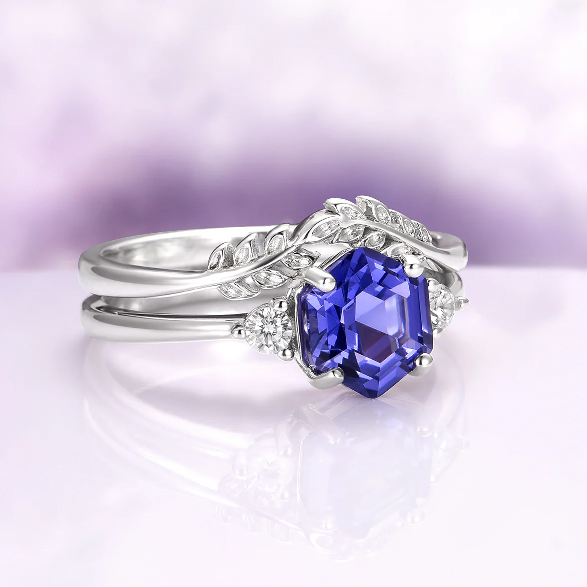 Hexagon Tanzanite Leaf Ring Set in Sterling Silver - Image 9
