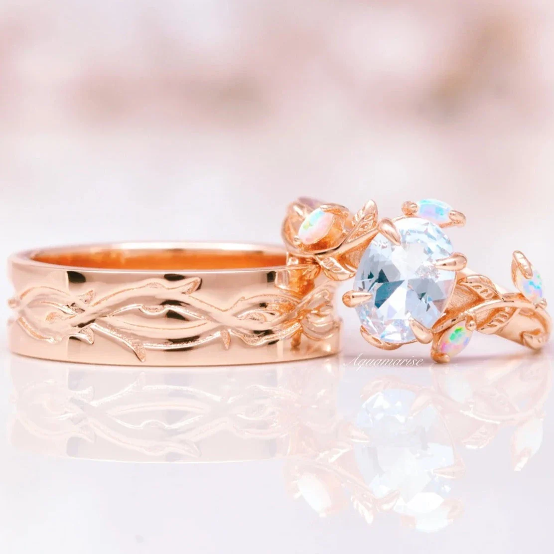 Leaf Wedding Band- 14K Solid Rose Gold - Image 2