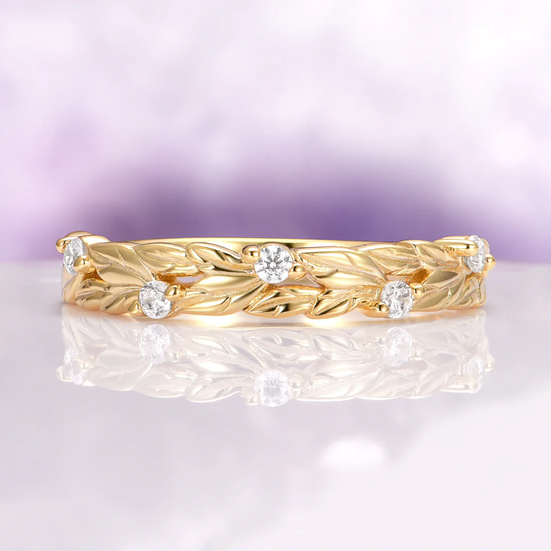 Diamond Leaf Wedding Band in Solid 14K Yellow Gold