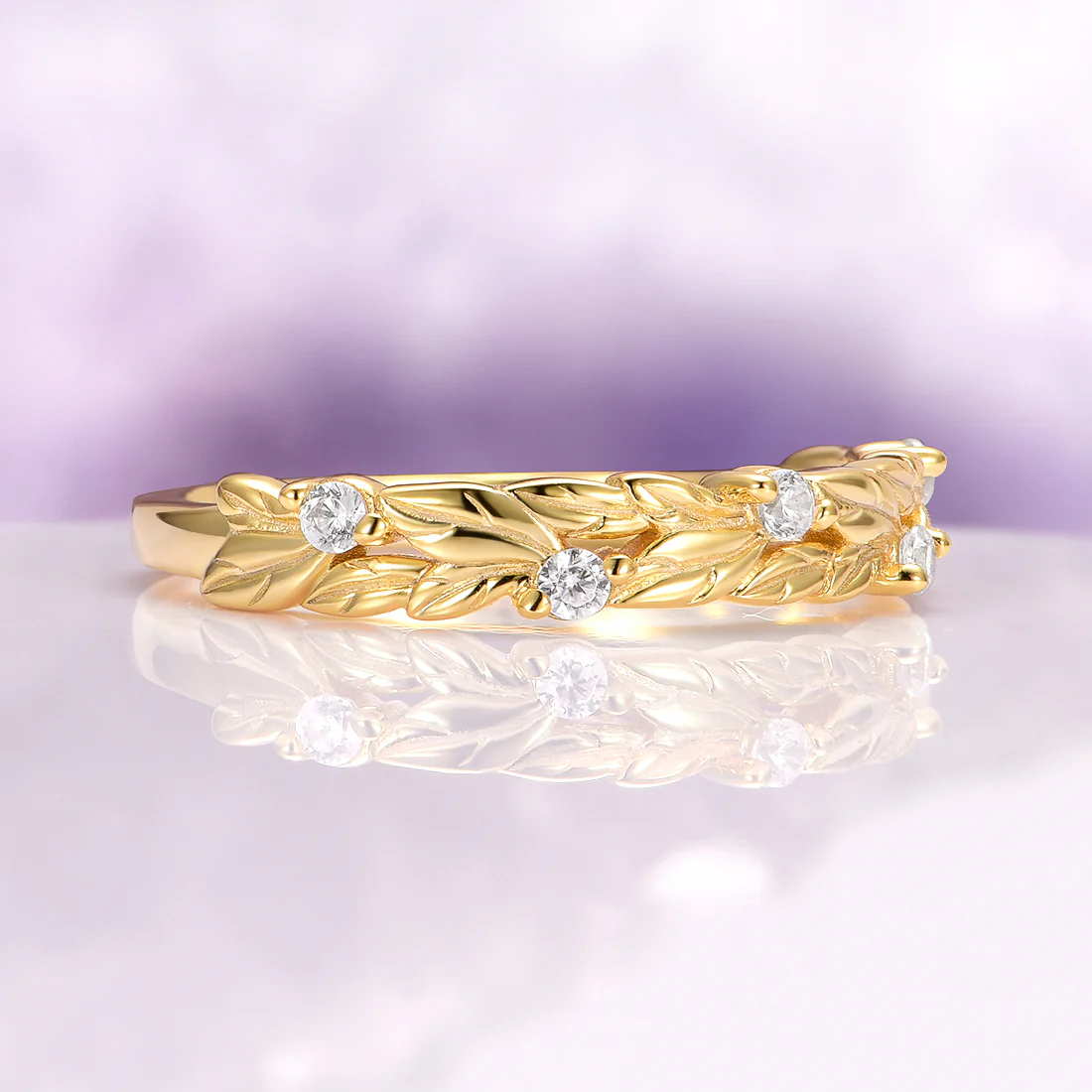 Diamond Leaf Wedding Band in Solid 14K Yellow Gold - Image 5