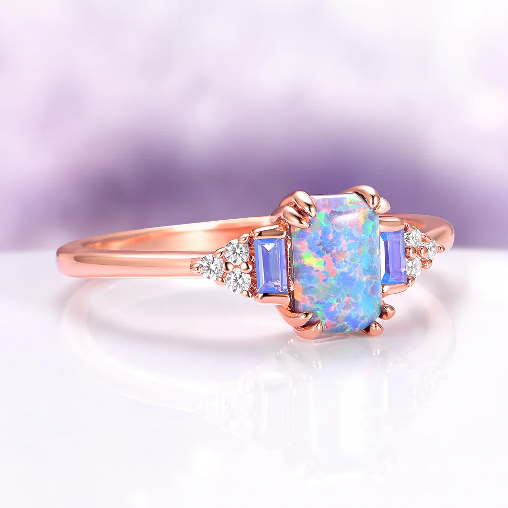 Light Blue Fire Opal & Opalescent Sapphire Couples Ring Set - Image 3