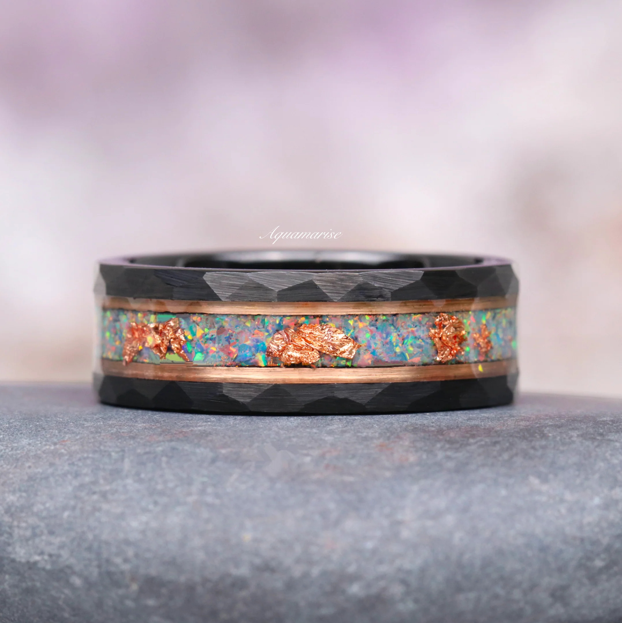 Light Blue Fire Opal & Opalescent Sapphire Couples Ring Set - Image 4