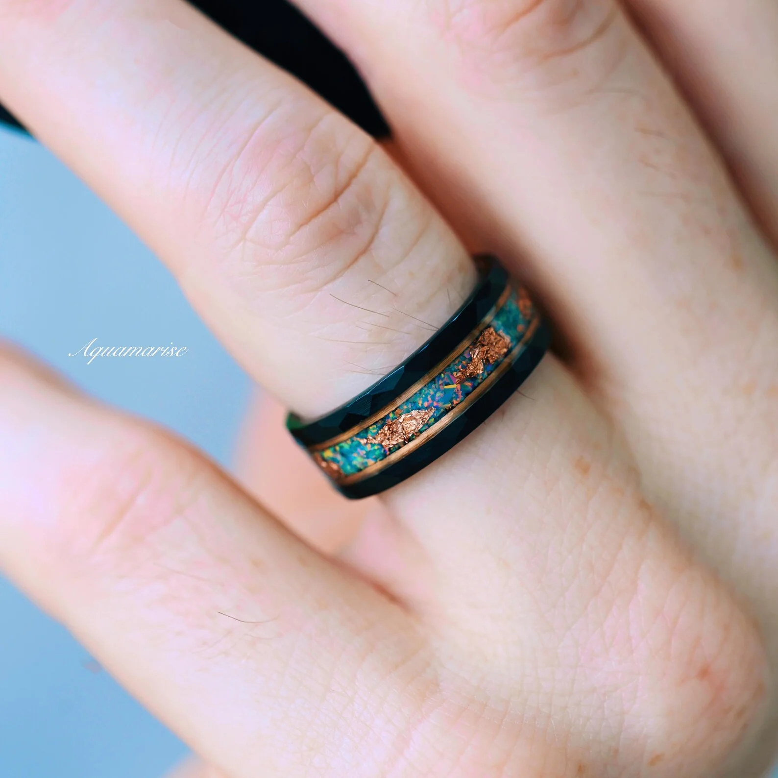 Light Blue Fire Opal & Rose Gold Leaf Wedding Band- 8MM Black Tungsten - Image 3