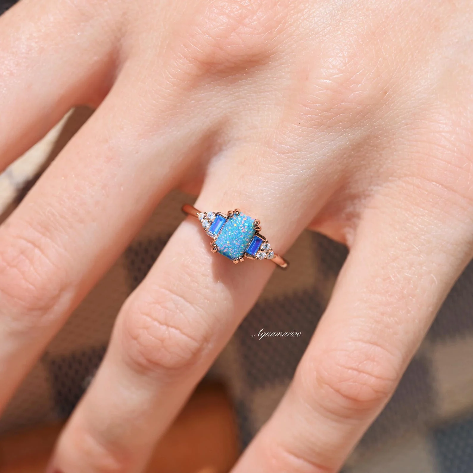 Light Blue Fire Opal & Opalescent Sapphire Couples Ring Set - Image 7