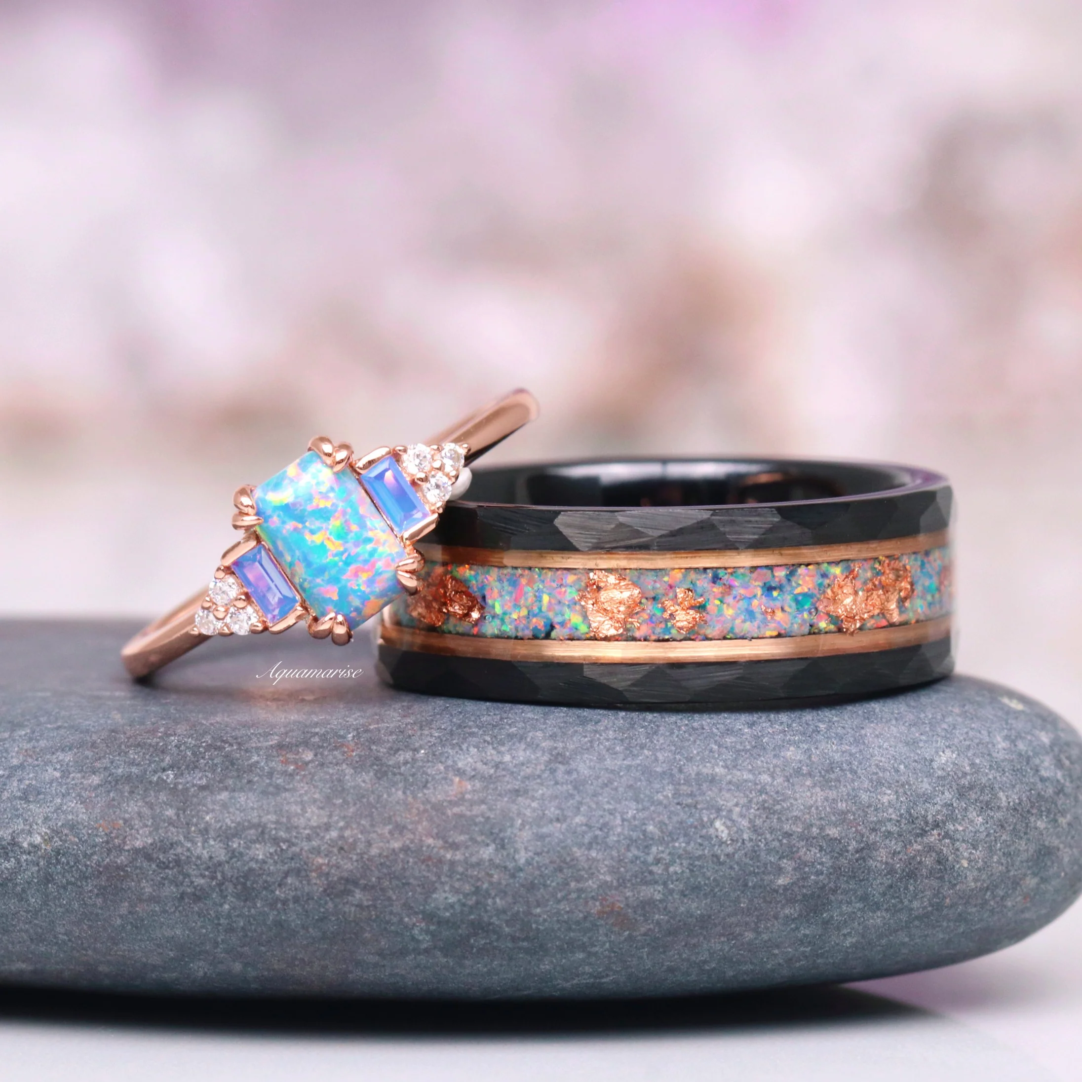 Light Blue Fire Opal & Opalescent Sapphire Engagement Ring in 14k Rose Gold Vermeil - Image 2