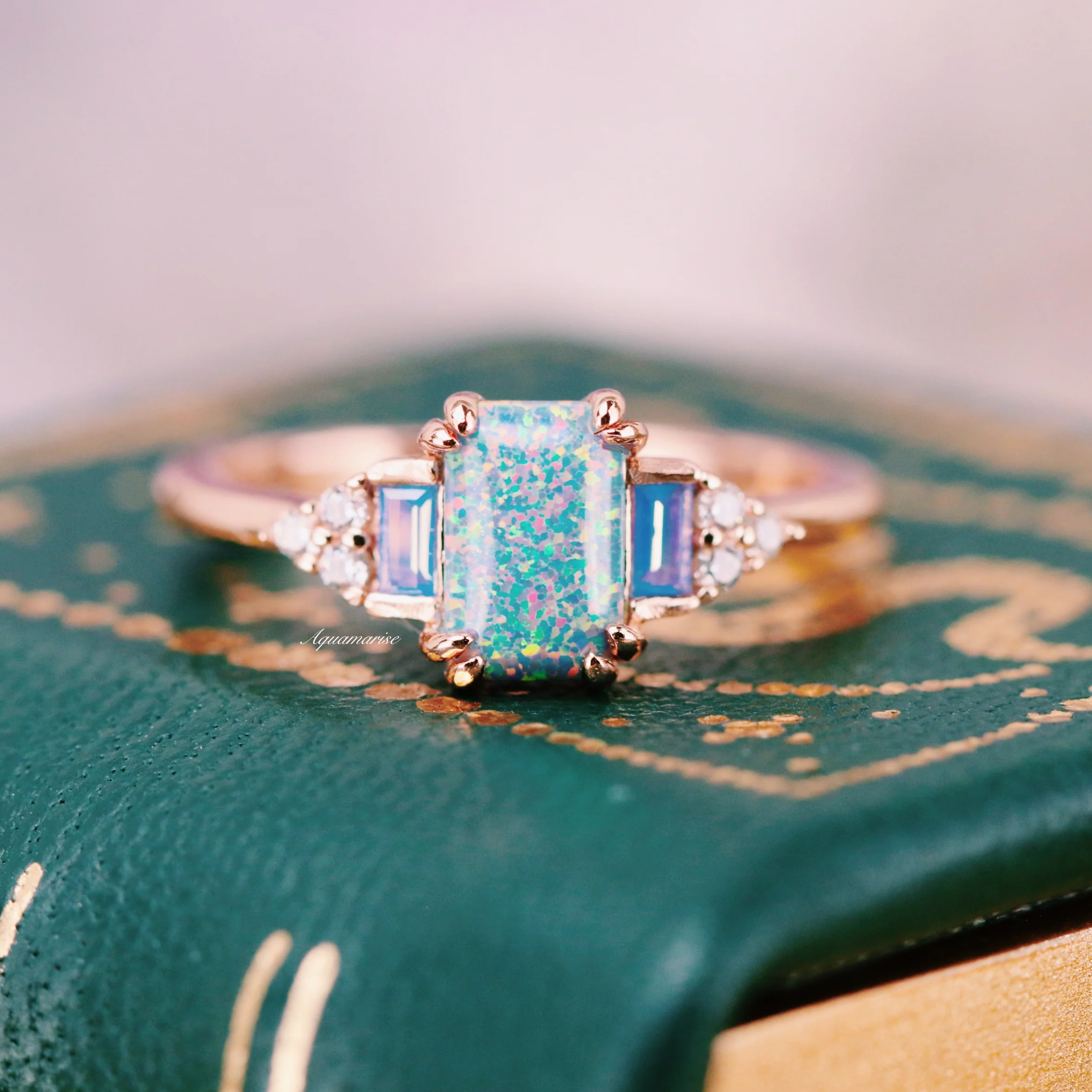 Light Blue Fire Opal & Opalescent Sapphire Engagement Ring in 14k Rose Gold Vermeil - Image 4