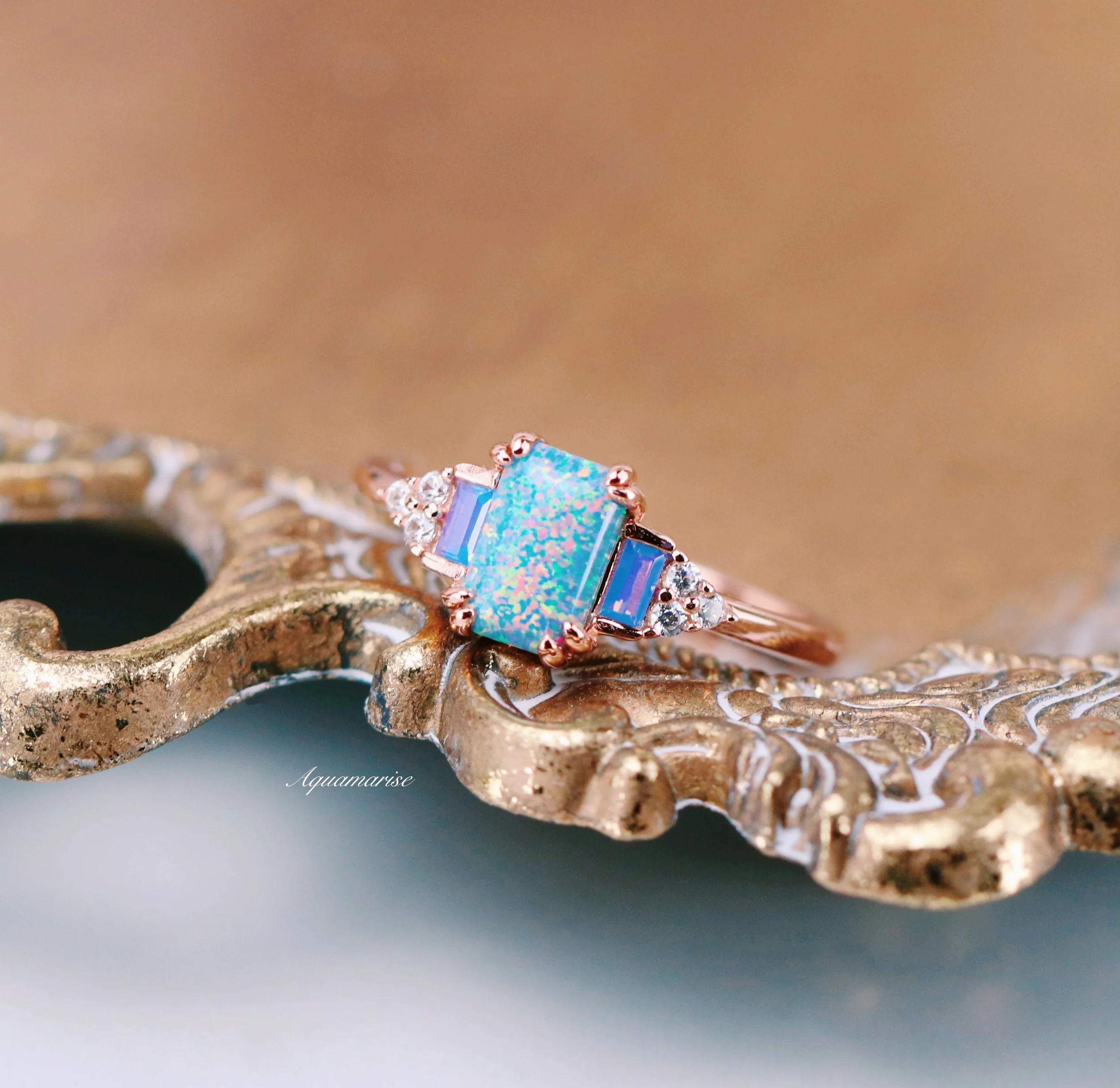 Light Blue Fire Opal & Opalescent Sapphire Engagement Ring in 14k Rose Gold Vermeil - Image 5