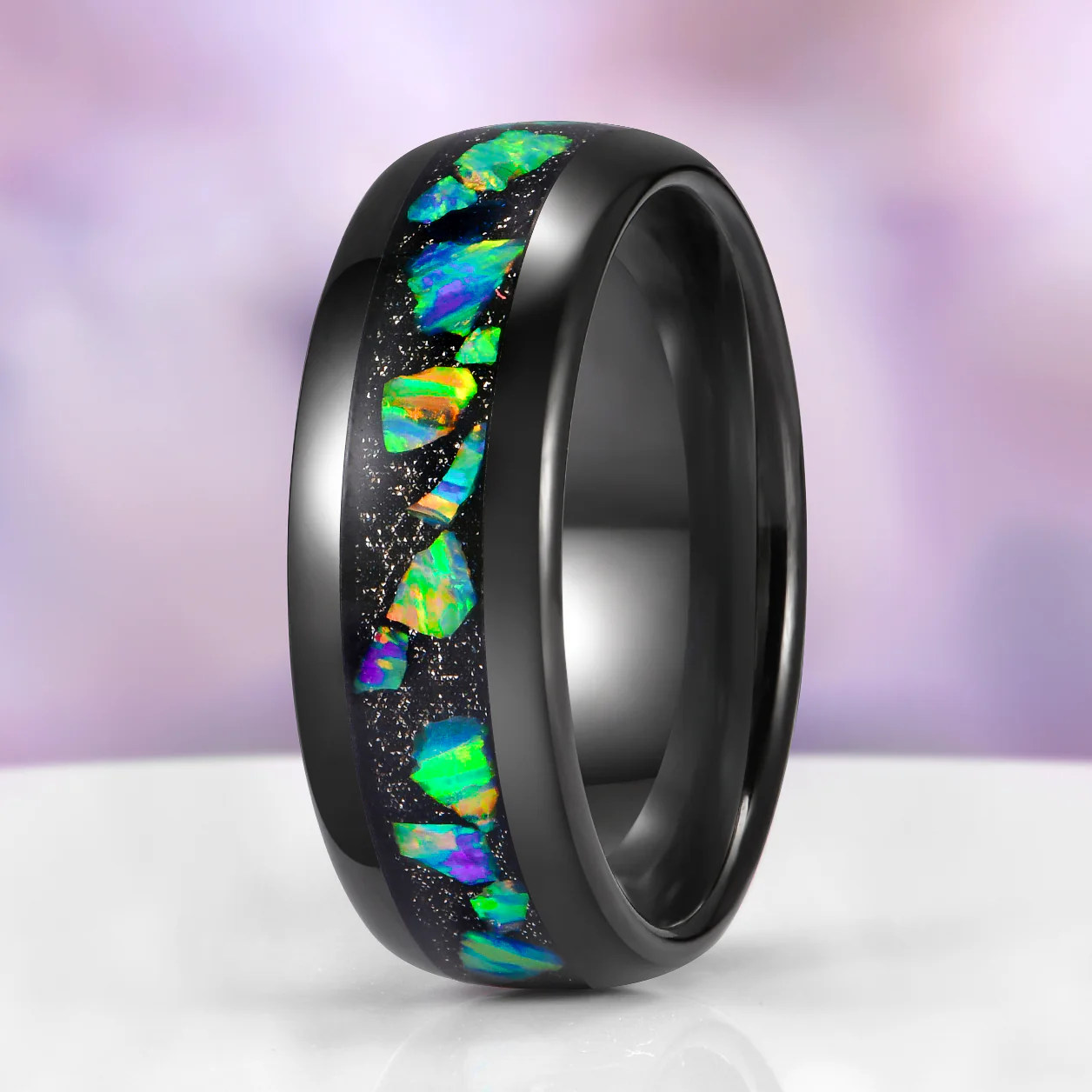 Lilith Coffin Cut Emerald & Green Fire Opal Couples Ring Set - Image 6