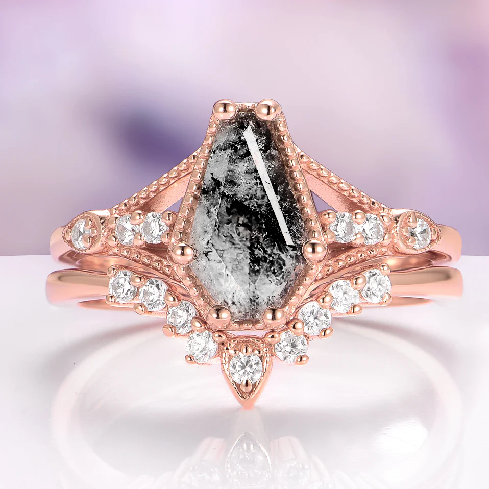Lilith Coffin Cut Natural Herkimer Diamond Ring Set in Solid 14K Rose Gold