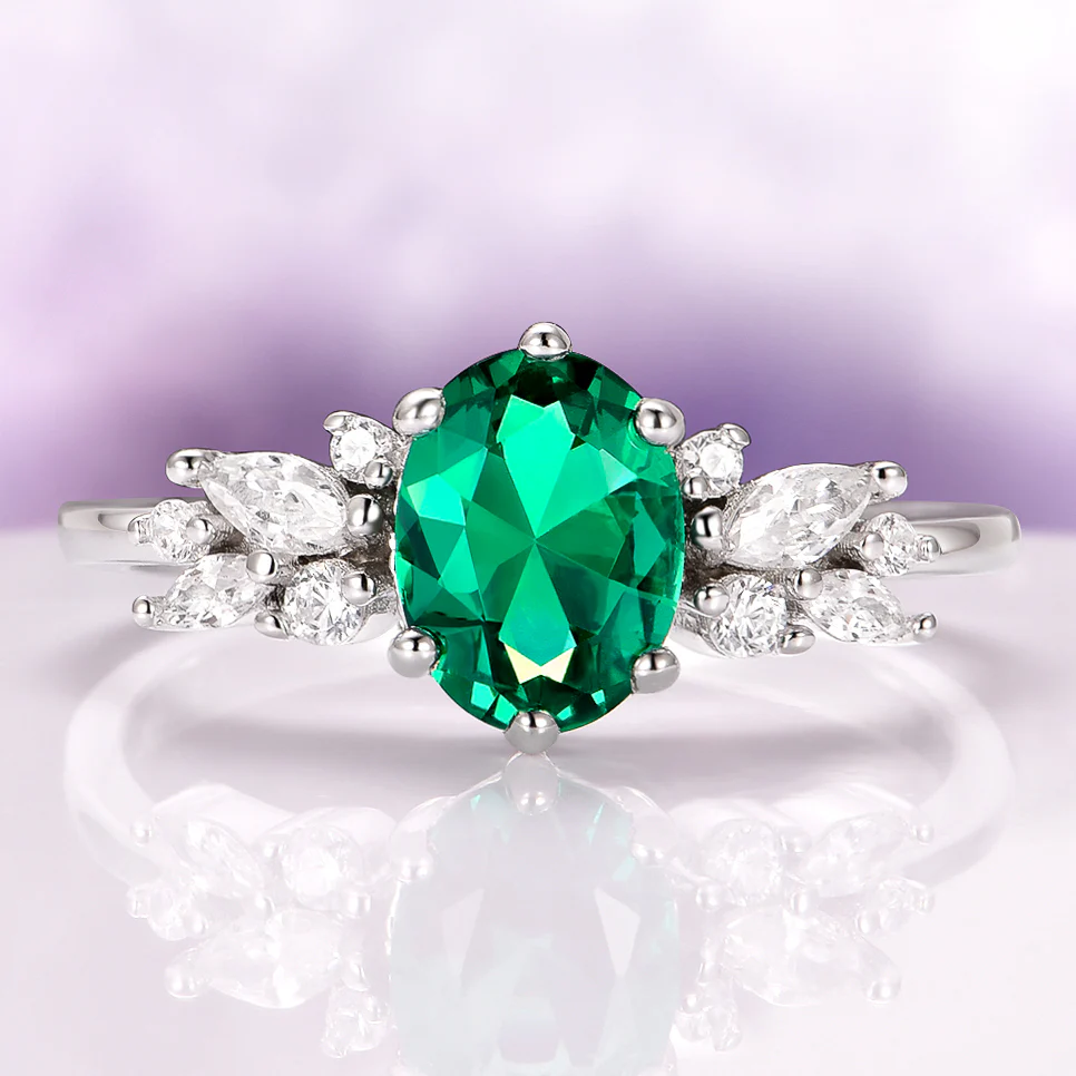 Lily Vintage Emerald Flower Engagement Ring in 14K White Gold