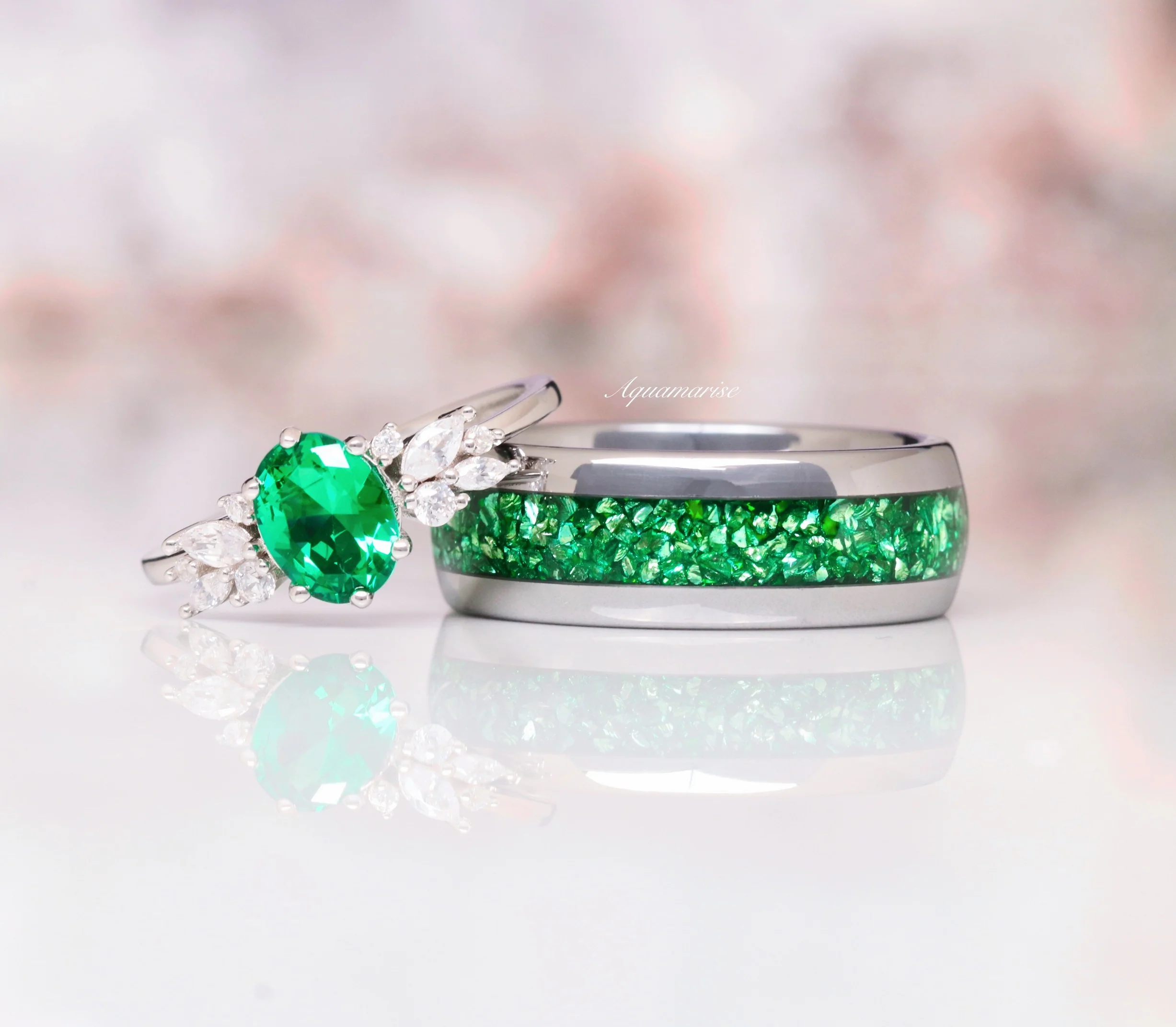 Lily Vintage Emerald Flower Engagement Ring in 14K White Gold - Image 2