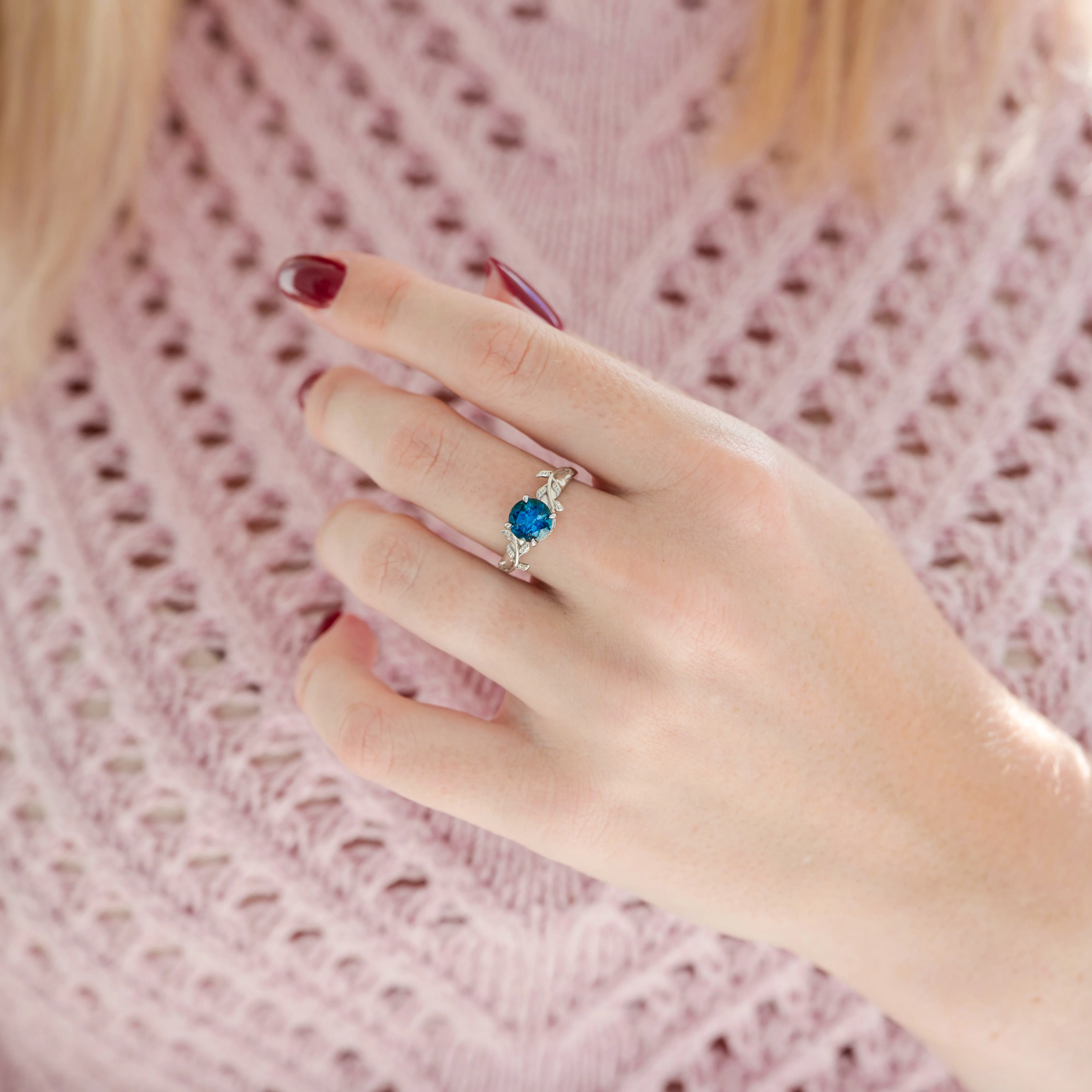 London Blue Topaz Leaf Ring- 14K White Gold - Image 2