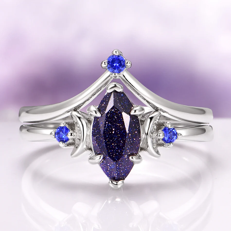 Lunar Starlight Sandstone Ring Set (Starry Night) in 14K White Gold