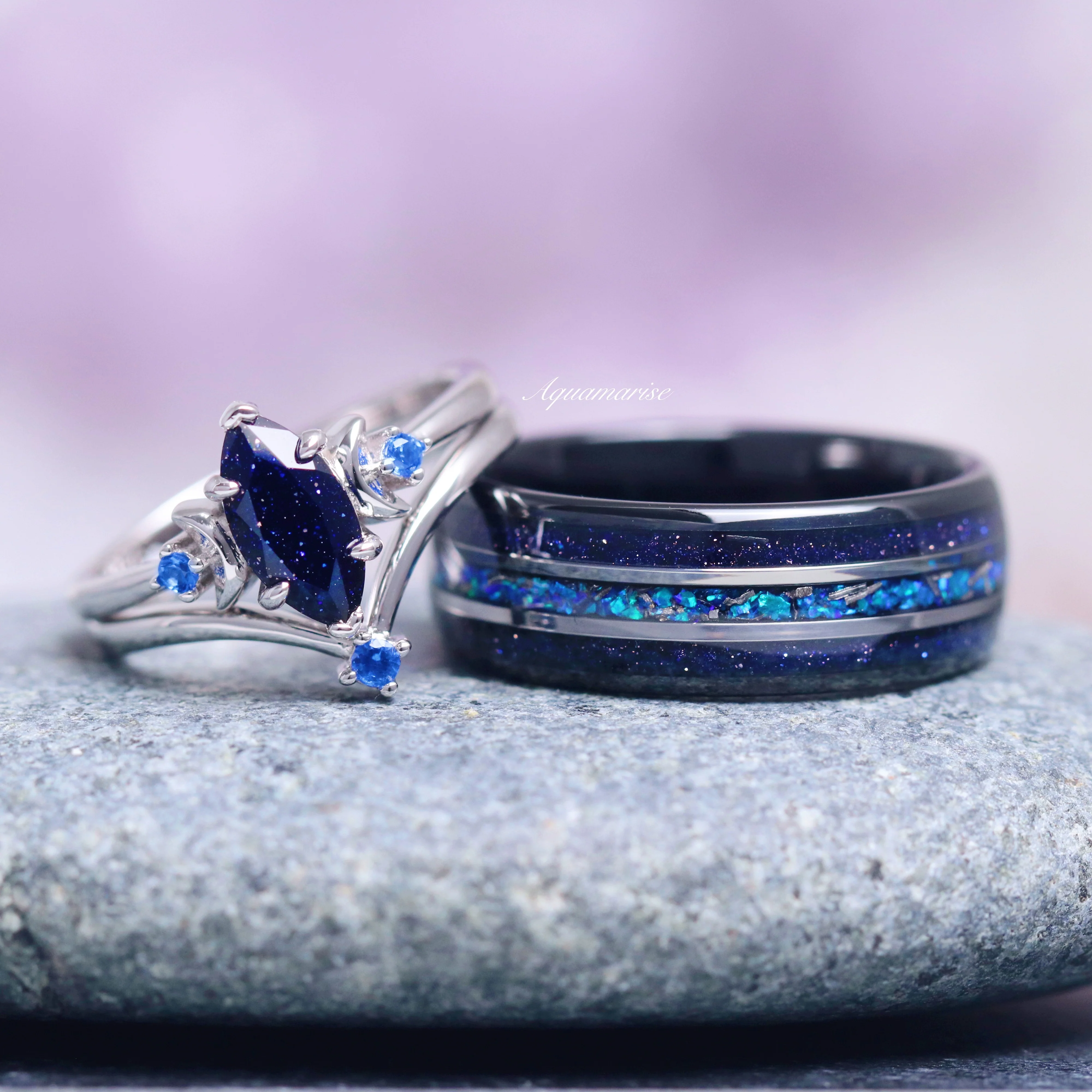 Lunar Starlight Sandstone Ring Set (Starry Night) in 14K White Gold - Image 3