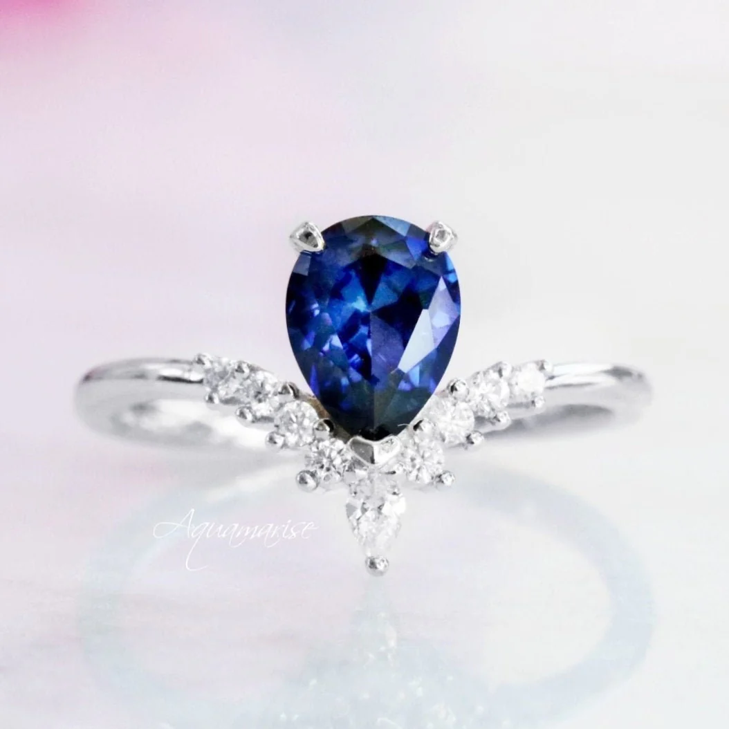 Lunette Teardrop Blue Sapphire Engagement Ring Set in 14K White Gold - Image 2
