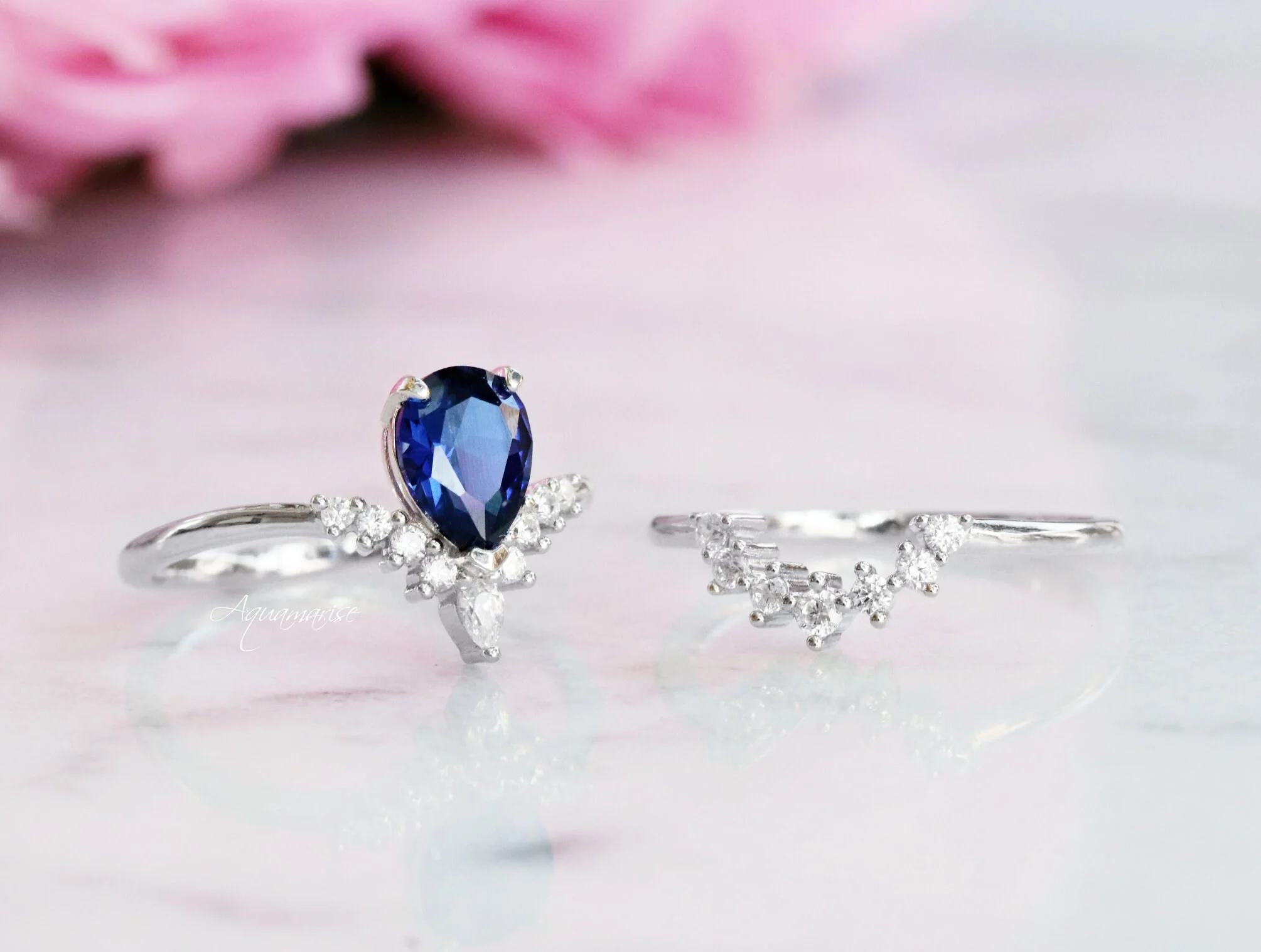 Lunette Teardrop Blue Sapphire Engagement Ring Set in 14K White Gold - Image 3