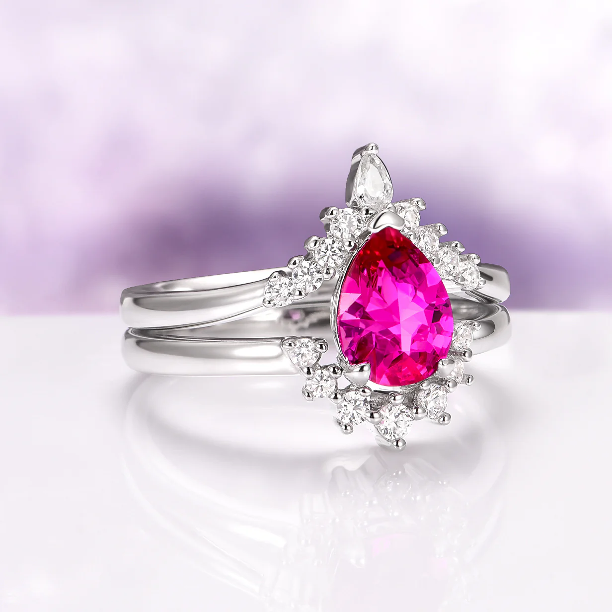 Lunette Vivid Pink Sapphire Ring Set in 14K White Gold - Image 4
